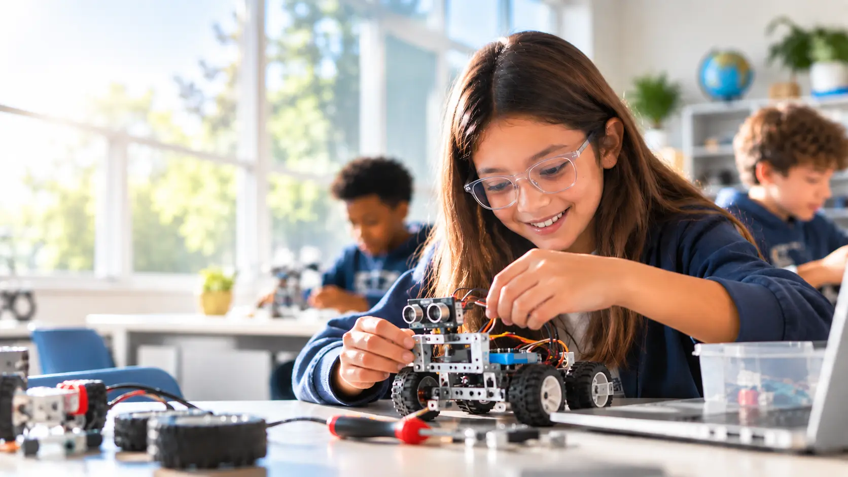 A student building a robotics project in class