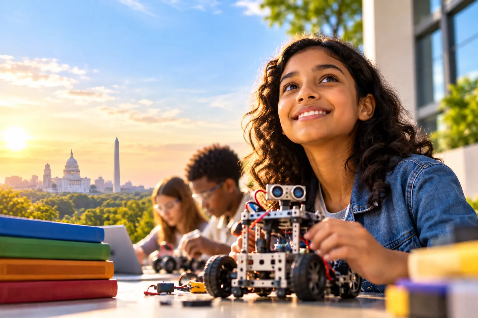 A student building a robot, representing education across many fields