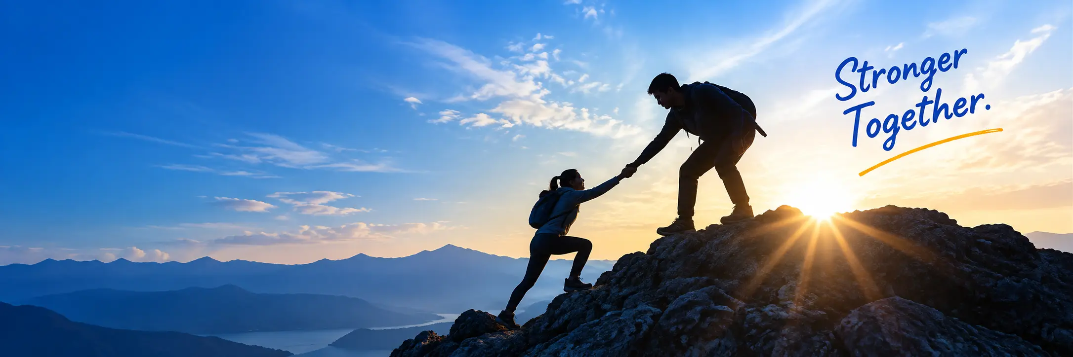 Two hikers helping one another, with the words Stronger Together